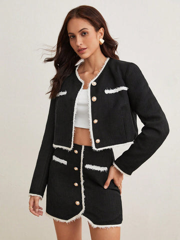 1pc Contrast Trim Jacket & 1pc Skirt