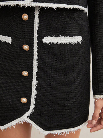 1pc Contrast Trim Jacket & 1pc Skirt