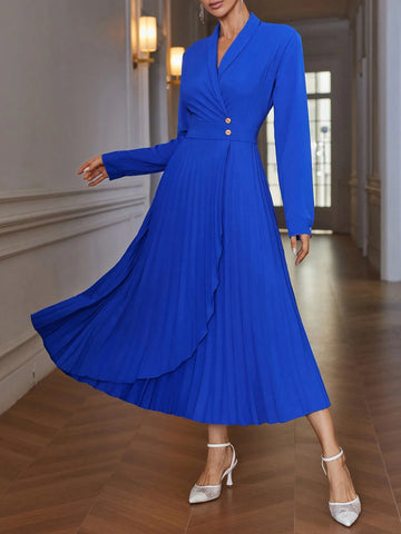 1pc Navy Blue Glossy Fashion Commute Elegant V-Neck Asymmetric Hem Pleated Metal Button