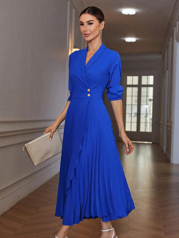 1pc Navy Blue Glossy Fashion Commute Elegant V-Neck Asymmetric Hem Pleated Metal Button