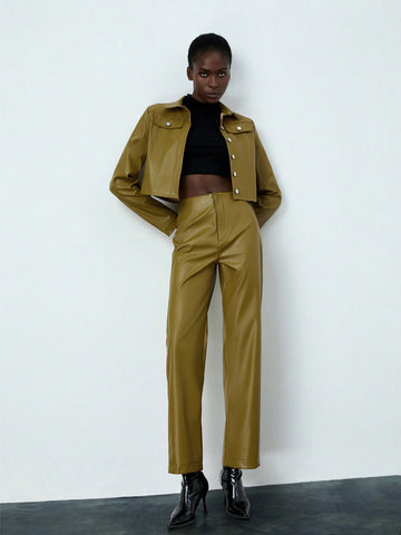 2pcs/Set Women'S Pu Leather Long Sleeve Jacket And Pants
