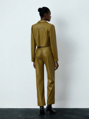 2pcs/Set Women'S Pu Leather Long Sleeve Jacket And Pants