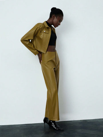 2pcs/Set Women'S Pu Leather Long Sleeve Jacket And Pants