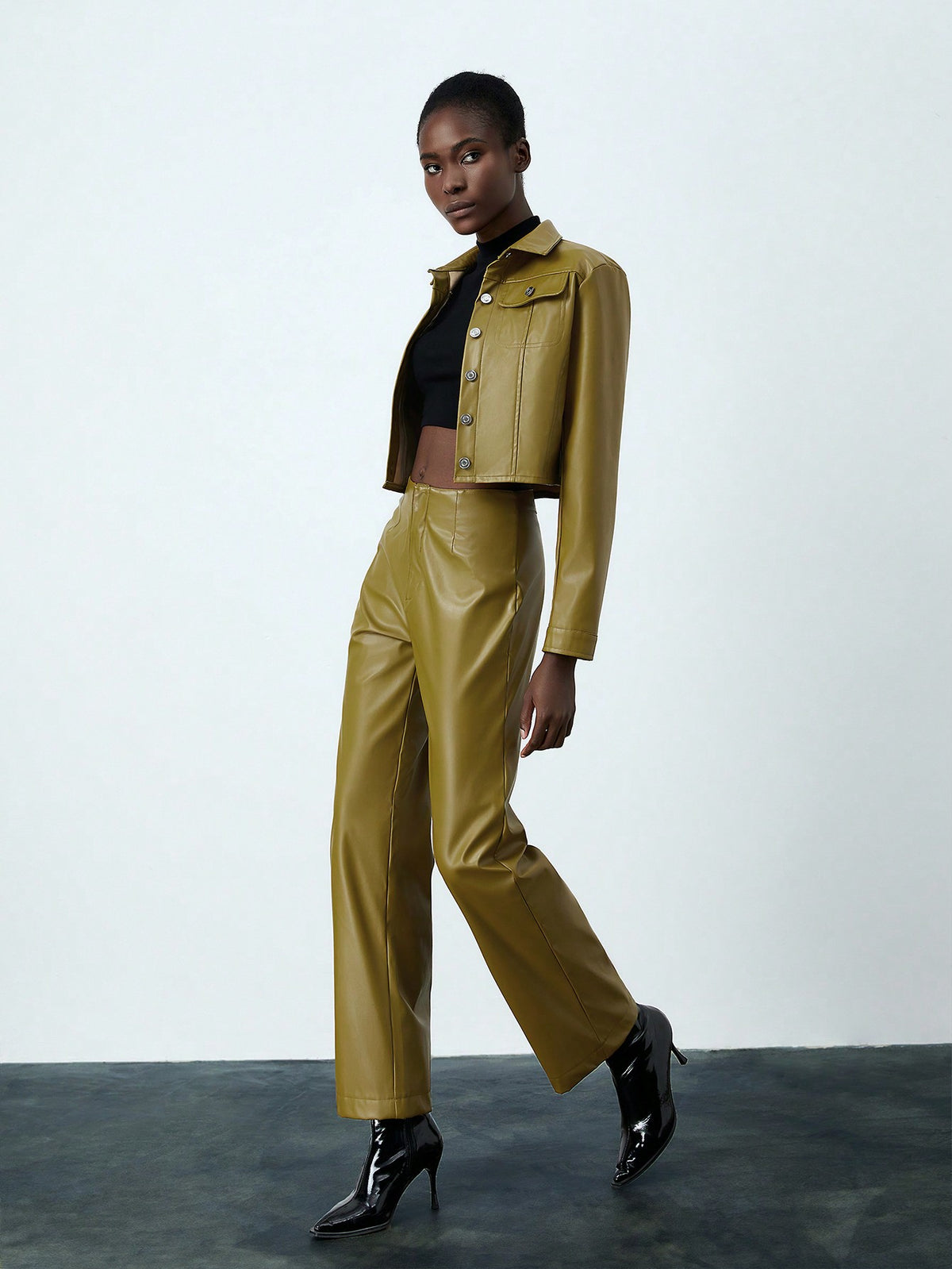 2pcs/Set Women'S Pu Leather Long Sleeve Jacket And Pants