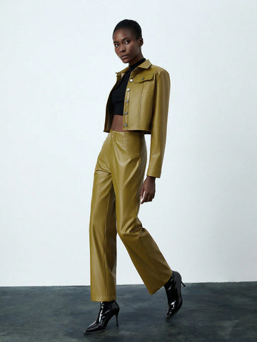 2pcs/Set Women'S Pu Leather Long Sleeve Jacket And Pants