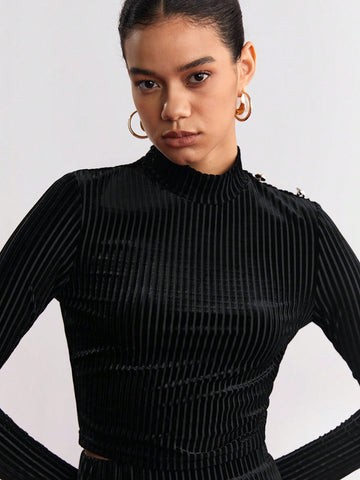 2pcs/set Solid Color Stand Collar T-shirt & A-line Skirt Outfit