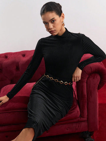 2pcs/set Solid Color Stand Collar T-shirt & A-line Skirt Outfit