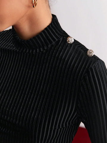 2pcs/set Solid Color Stand Collar T-shirt & A-line Skirt Outfit