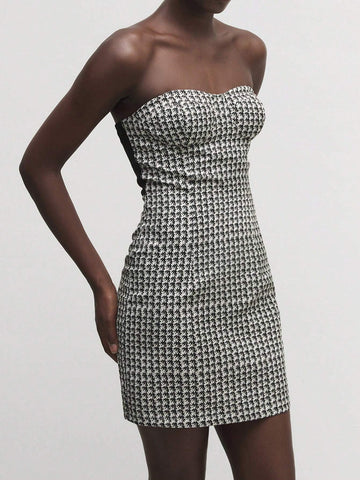 Black And White Plaid Strapless Elastic Short Dress, Autumn