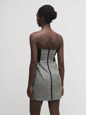 Black And White Plaid Strapless Elastic Short Dress, Autumn