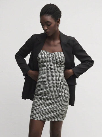 Black And White Plaid Strapless Elastic Short Dress, Autumn