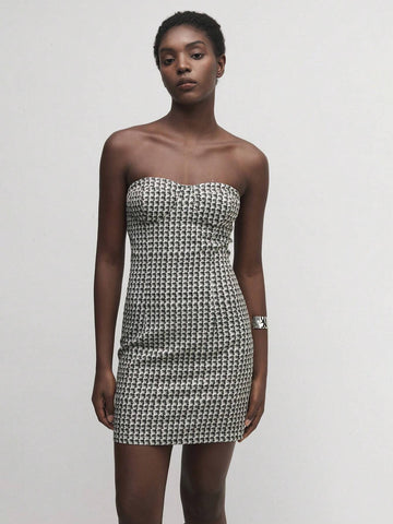 Black And White Plaid Strapless Elastic Short Dress, Autumn