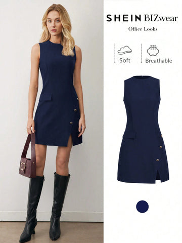 Black Elegant Sleeveless Mini Dress, Suitable For Funeral, Commuting, Christmas Party,