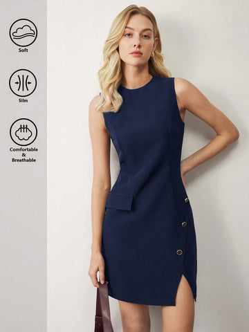 Black Elegant Sleeveless Mini Dress, Suitable For Funeral, Commuting, Christmas Party,