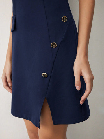 Black Elegant Sleeveless Mini Dress, Suitable For Funeral, Commuting, Christmas Party,