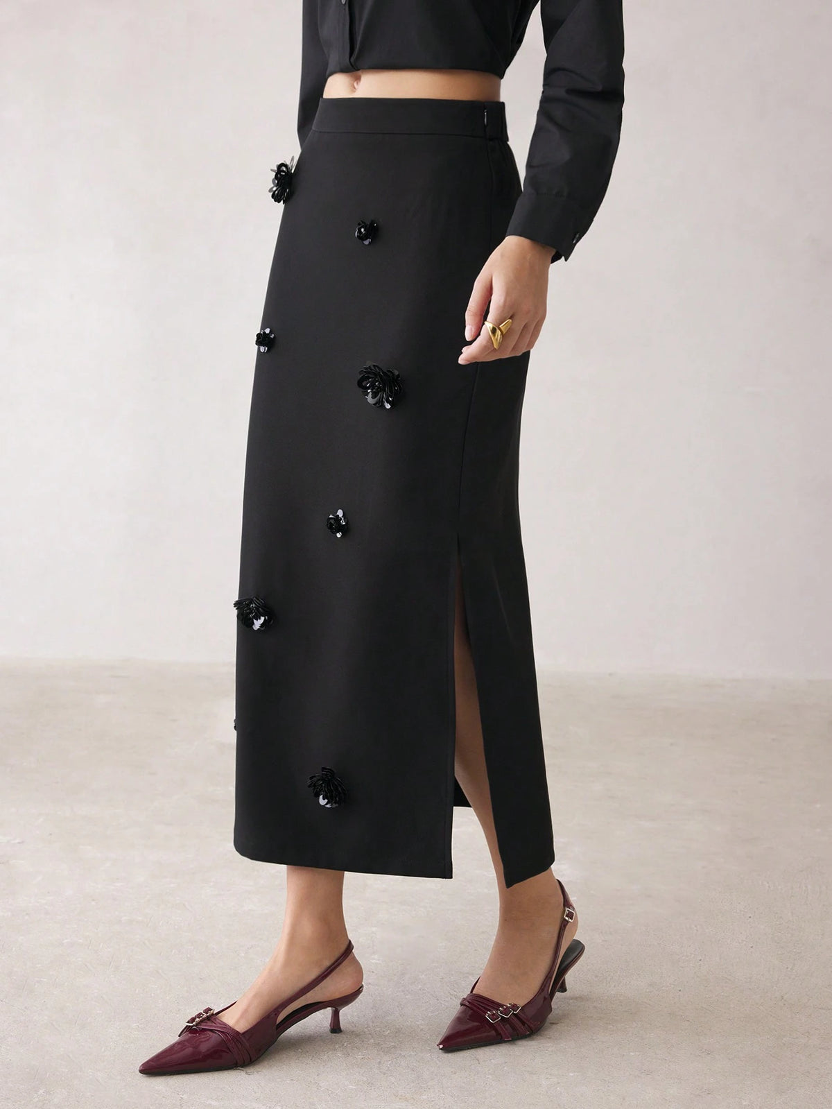 BIZwear Black Pearl Embellished Floral Skirt, Women's Long Skirt, Dress For Office, Christmas Party, Thanksgiving, Autumn/Winter