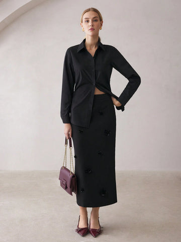 BIZwear Black Pearl Embellished Floral Skirt, Women's Long Skirt, Dress For Office, Christmas Party, Thanksgiving, Autumn/Winter