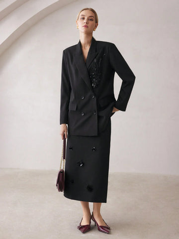 BIZwear Black Pearl Embellished Floral Skirt, Women's Long Skirt, Dress For Office, Christmas Party, Thanksgiving, Autumn/Winter