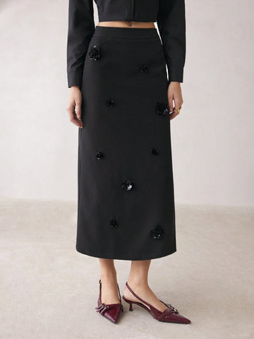 BIZwear Black Pearl Embellished Floral Skirt, Women's Long Skirt, Dress For Office, Christmas Party, Thanksgiving, Autumn/Winter