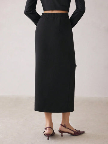 BIZwear Black Pearl Embellished Floral Skirt, Women's Long Skirt, Dress For Office, Christmas Party, Thanksgiving, Autumn/Winter