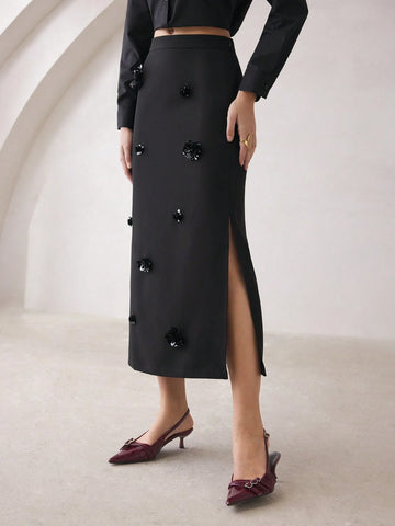 BIZwear Black Pearl Embellished Floral Skirt, Women's Long Skirt, Dress For Office, Christmas Party, Thanksgiving, Autumn/Winter