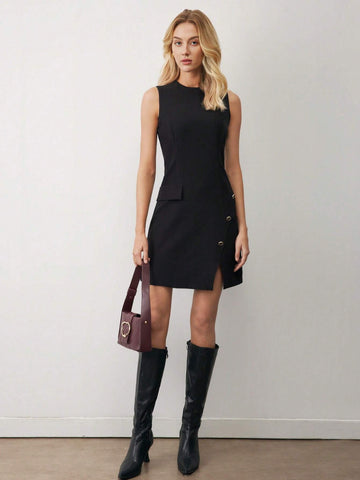 Black Sleeveless Dress, Elegant Funeral & Commuting Little Black Dress, Winter Women Outfit