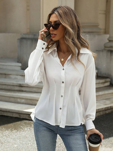 BIZwear Business Casual Button Up Cinched Waist Pleated Long Sleeve Solid Dress Shirt