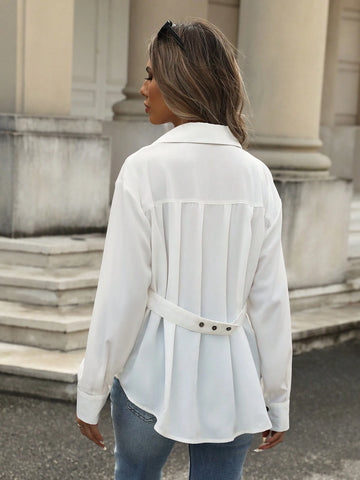 BIZwear Business Casual Button Up Cinched Waist Pleated Long Sleeve Solid Dress Shirt