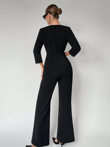 Button-Embellished Wrap Neck Jumpsuit