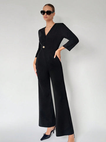 Button-Embellished Wrap Neck Jumpsuit