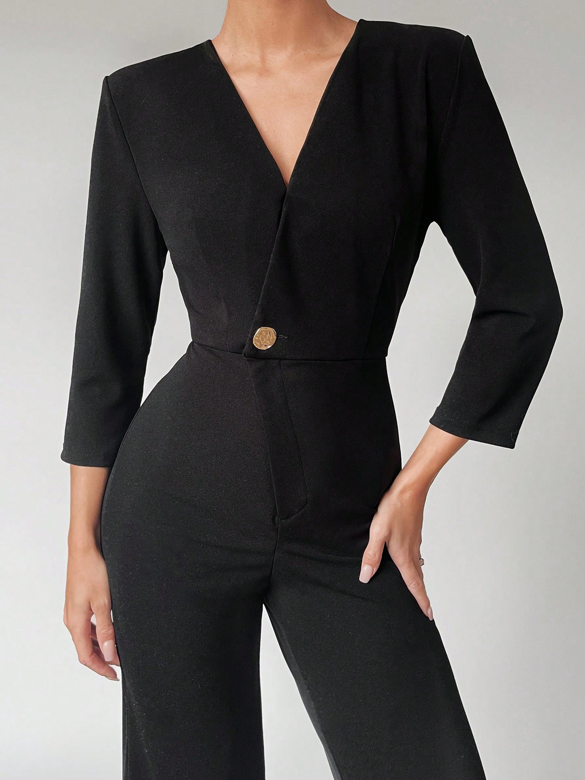 Button-Embellished Wrap Neck Jumpsuit