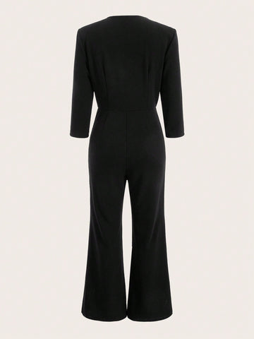 Button-Embellished Wrap Neck Jumpsuit