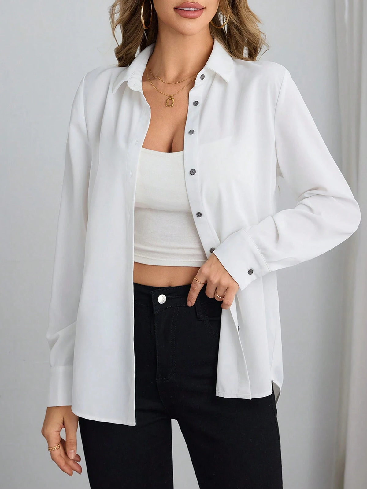 BIZwear Casual Solid Color Woven Loose Fit Long Sleeve Blouse For Women