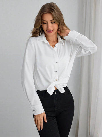 BIZwear Casual Solid Color Woven Loose Fit Long Sleeve Blouse For Women