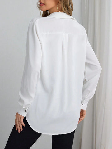 BIZwear Casual Solid Color Woven Loose Fit Long Sleeve Blouse For Women