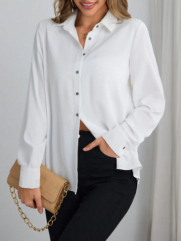 BIZwear Casual Solid Color Woven Loose Fit Long Sleeve Blouse For Women