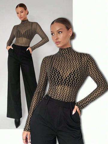 Chain Print Mock Neck Long Sleeve Sheer Bodysuit