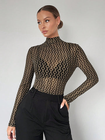 Chain Print Mock Neck Long Sleeve Sheer Bodysuit