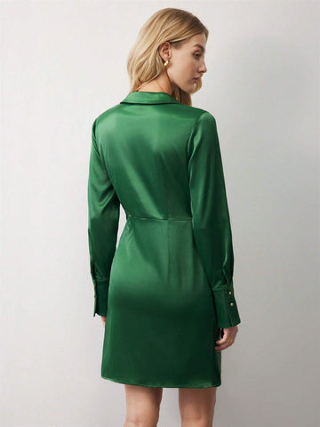 Christmas Green Satin Wrap Long Sleeve Dress, Holiday Outfit For Women, Winter