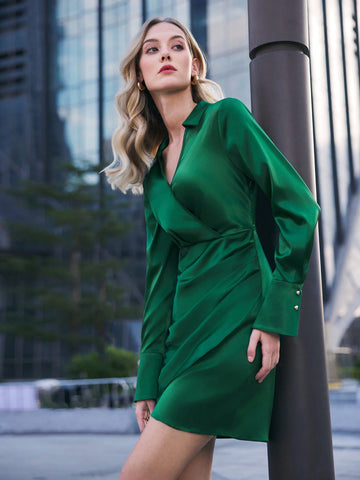 Christmas Green Satin Wrap Long Sleeve Dress, Holiday Outfit For Women, Winter