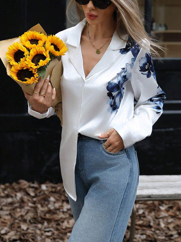 BIZwear Classic Blue Placement Print Collared Long Sleeve Button Up Shirt