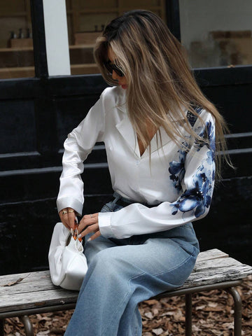 BIZwear Classic Blue Placement Print Collared Long Sleeve Button Up Shirt