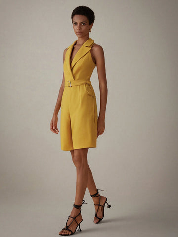 Clean-Colored Jumpsuit With Utility Style, Suit Collar And Waist Belt