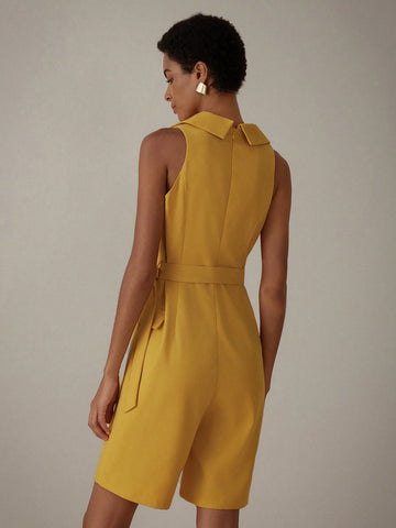 Clean-Colored Jumpsuit With Utility Style, Suit Collar And Waist Belt