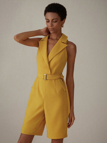 Clean-Colored Jumpsuit With Utility Style, Suit Collar And Waist Belt