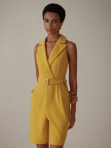Clean-Colored Jumpsuit With Utility Style, Suit Collar And Waist Belt