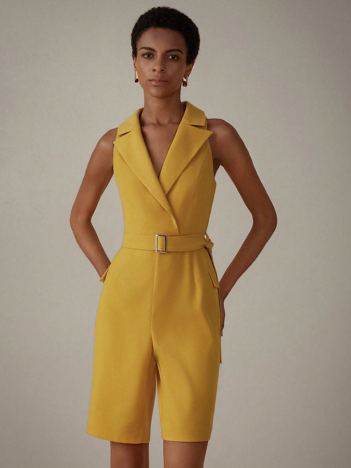Clean-Colored Jumpsuit With Utility Style, Suit Collar And Waist Belt