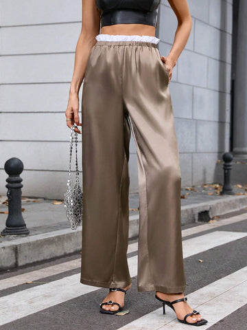 SHEIN BIZwear Comfortable Loose Fit Drawstring Waistband Women Pants With Glossy Finish