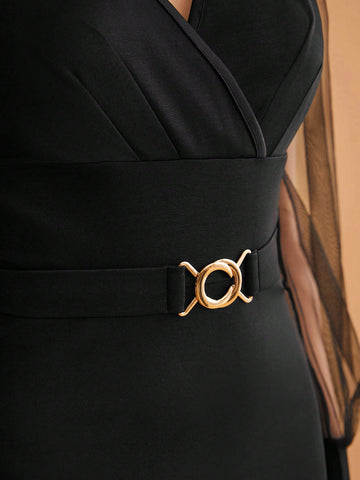 BIZwear Contrast Mesh Sleeve Surplice Neck Pencil Dress