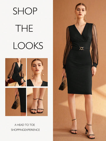 BIZwear Contrast Mesh Sleeve Surplice Neck Pencil Dress